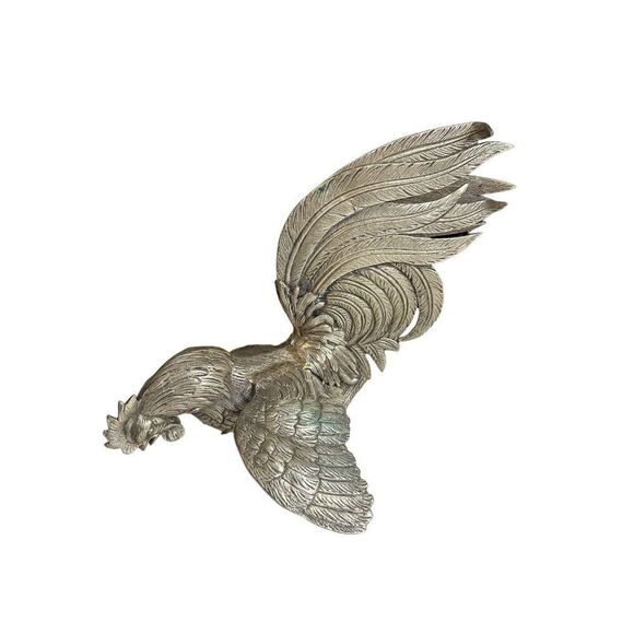 Vintage Cast Metal Fighting Rooster Game Fowl Statue Figure Silvertone 10” - Picture 2 of 11